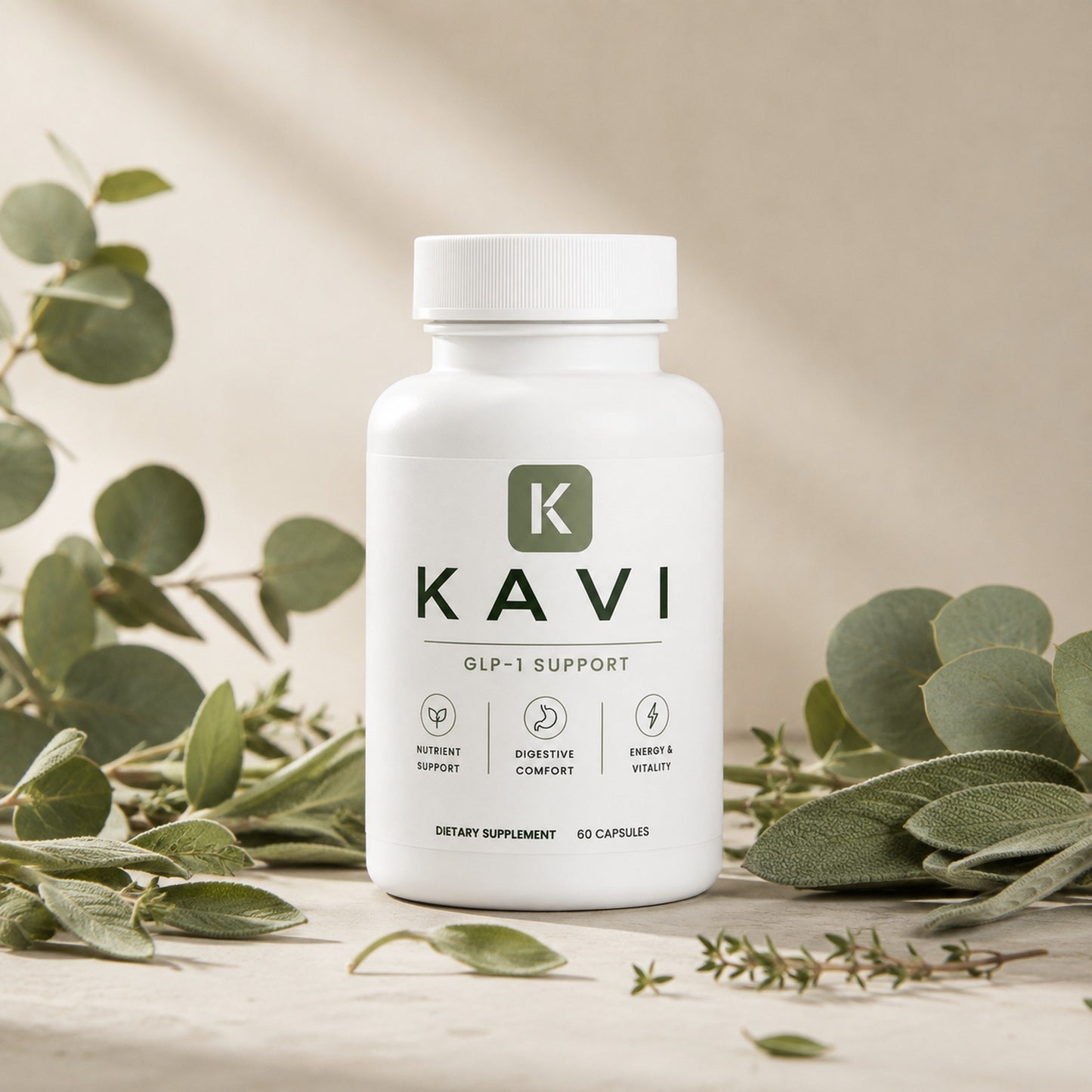 Kavi GLP-1 Support bottle styled with eucalyptus and sage on a warm neutral background